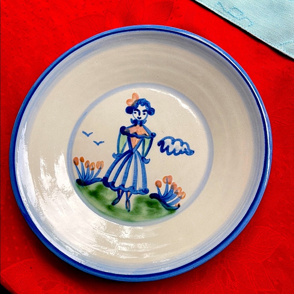 Hand-Painted Ceramic Plate with Blue Trim- M.A. Hadley 9” “ Farmer’s Wife”